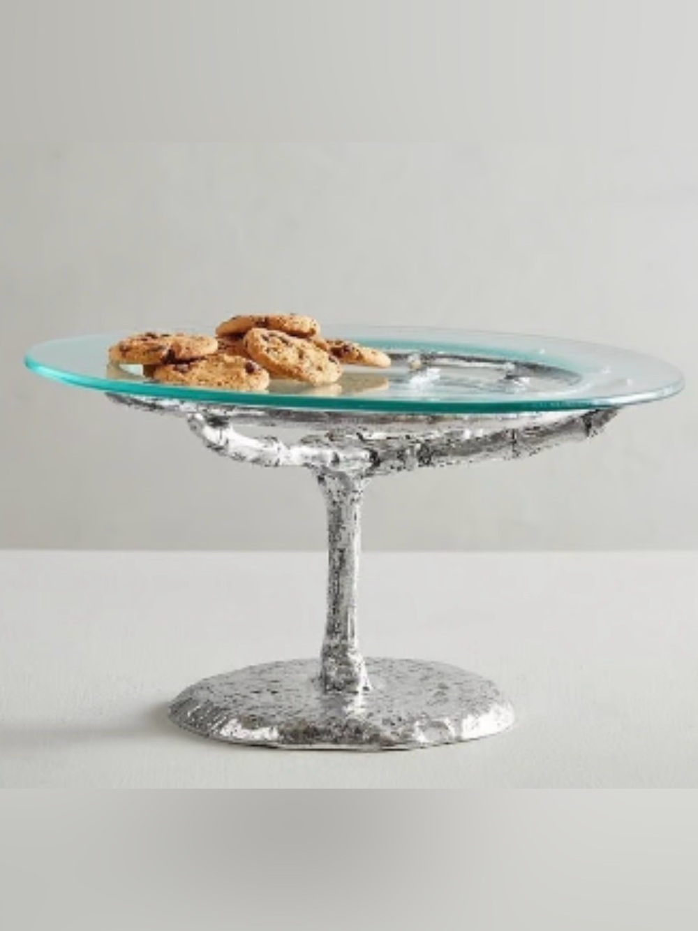 NIB POTTERY BARN SILVER SKELETON HAND CAKE PLATTER PEDESTAL SERVER HALLOWEEN